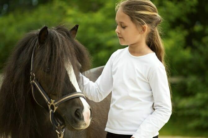 Tiergestützte Arbeit Ausbildung - glückliches junges Mädchen streichelt ihr Pony