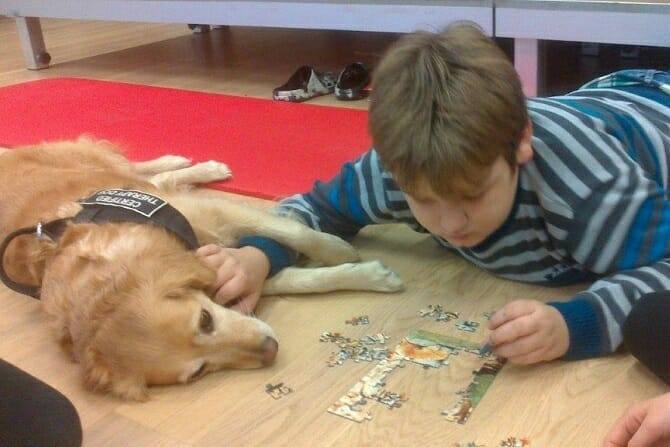 Assistenzhundetrainer Ausbildung - Assistenzhund mit Kind beim Puzzeln