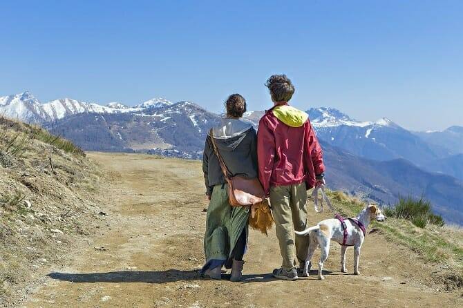 psychologischer coach mensch tier beziehung ausbildung paar mit hund auf wanderung in den bergen