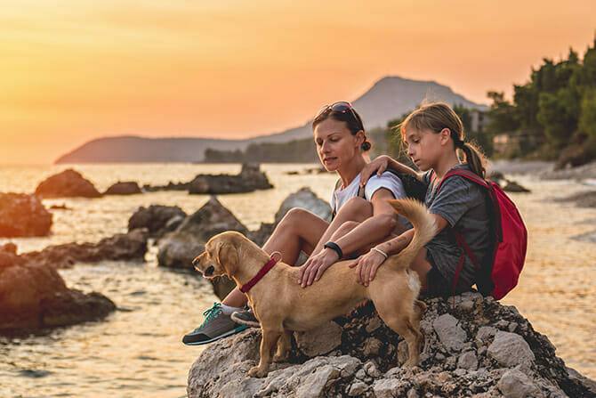 Tiererlebnis- & Eventtouristik 1 Tiererlebnis- & Eventtouristik Ausbildung - Mutter und Tochter wandern gemeinsam mit Hund in den Sonnenuntergang