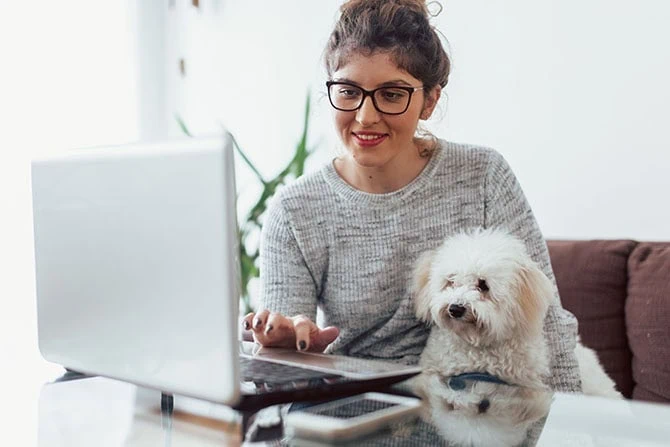 ATN Therapiebegleithundetrainer Ausbildung - junge Frau am Laptop mit kleinem weißem Hund